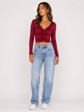 Gaze Burgundy Ruched Long Sleeve V-Neck Crop Top Size Small